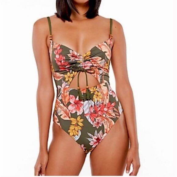 Sanctuary Swim Olive Green Botanic Floral Keyhole Mio One Piece Sz L - Picture 1 of 10